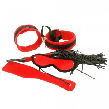 SM 红色绒5件套装（手铐、脖套、眼罩、皮鞭、拍子） (红色)